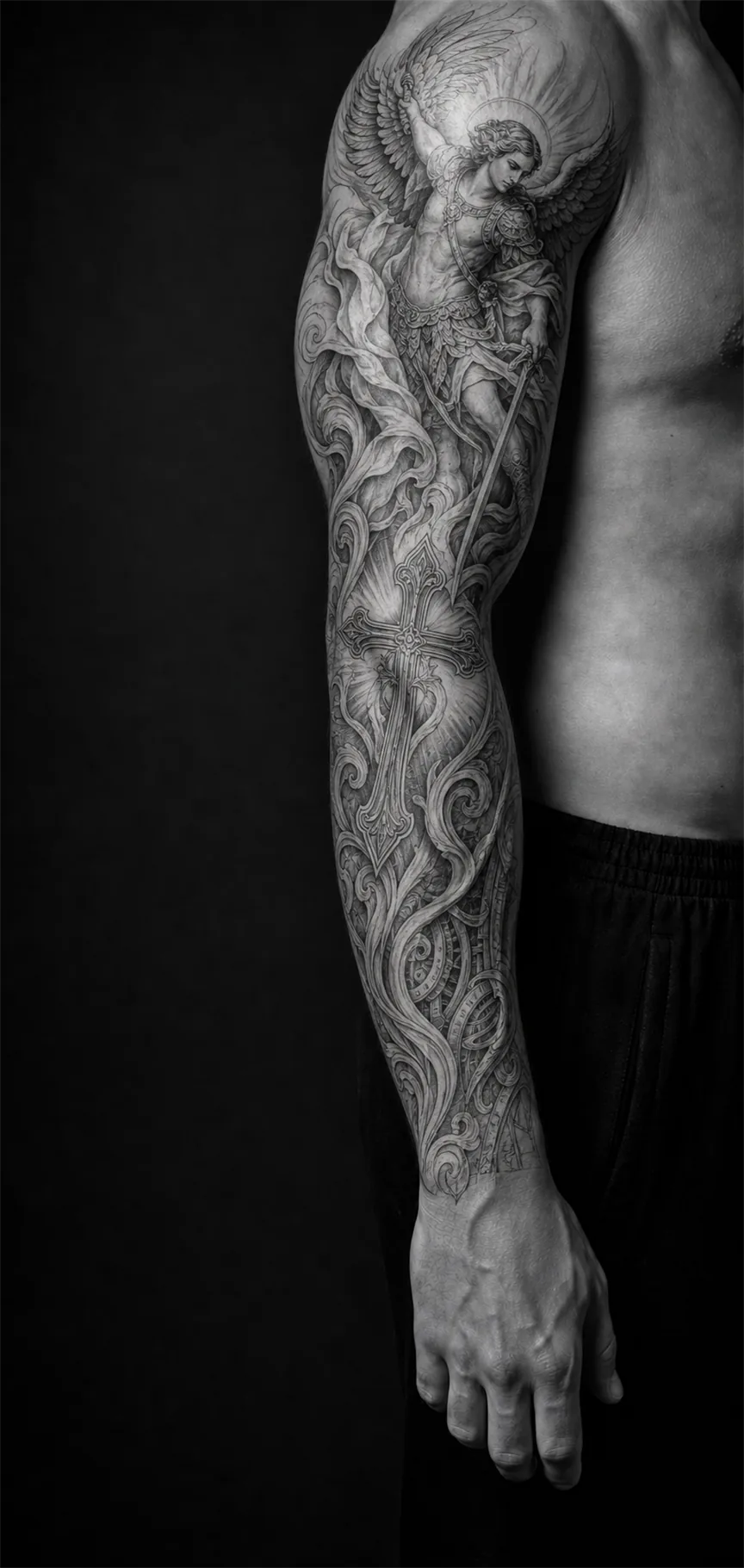 The same arm wearing a custom Chicano fine-line warrior sleeve — a guardian archangel and wings over the deltoid — reading visibly fuller and more defined.