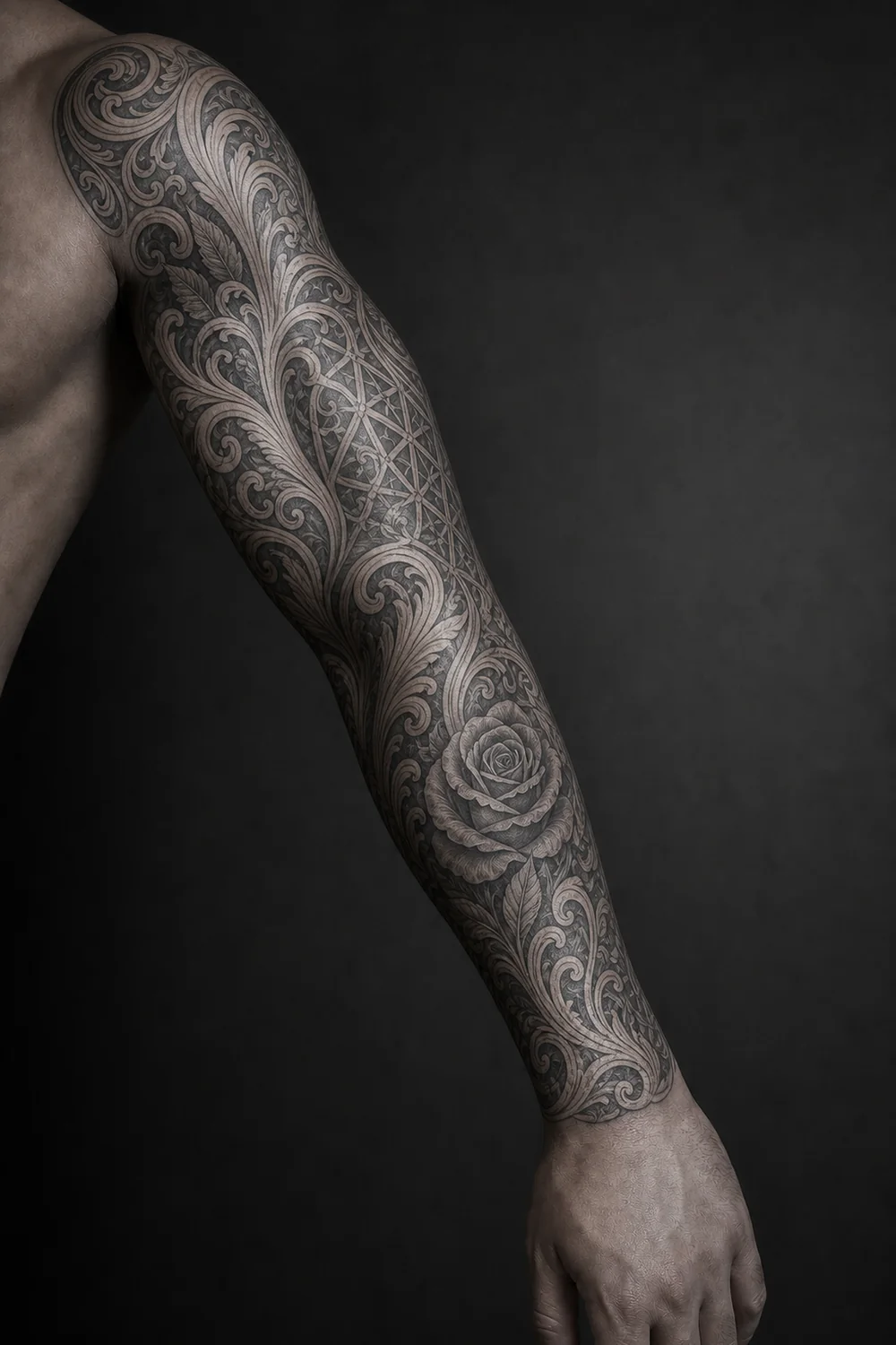The same sleeve sculpted to the anatomy: value follows the form so the muscle reads three-dimensional.