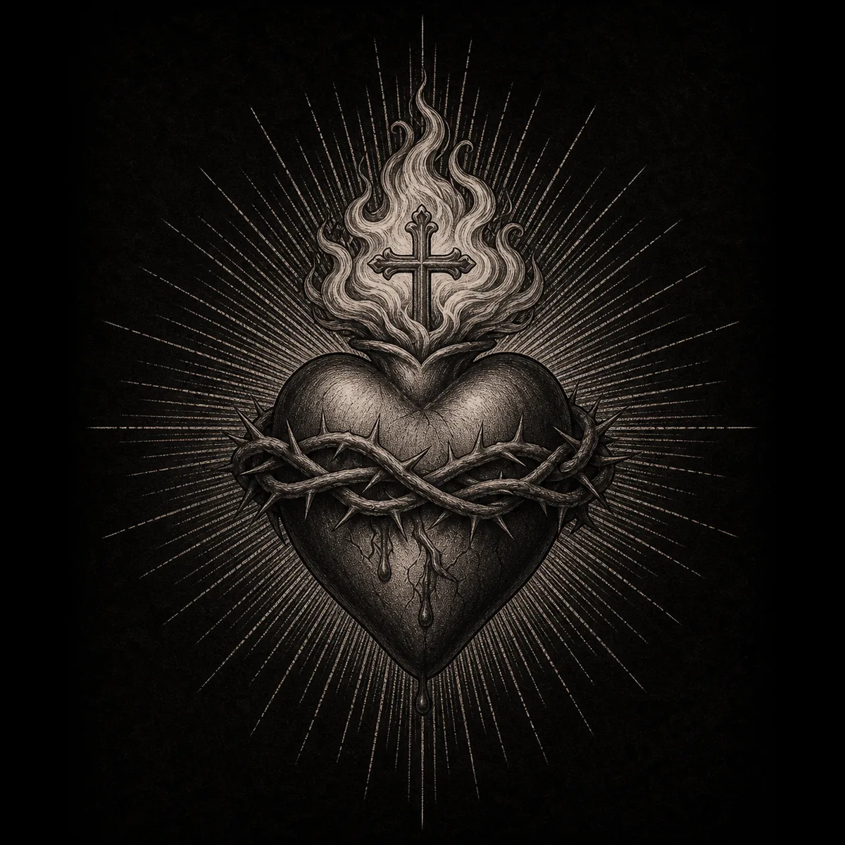 Sagrado Corazón — Black & Grey Chicano fine-line piece by Feliciana
